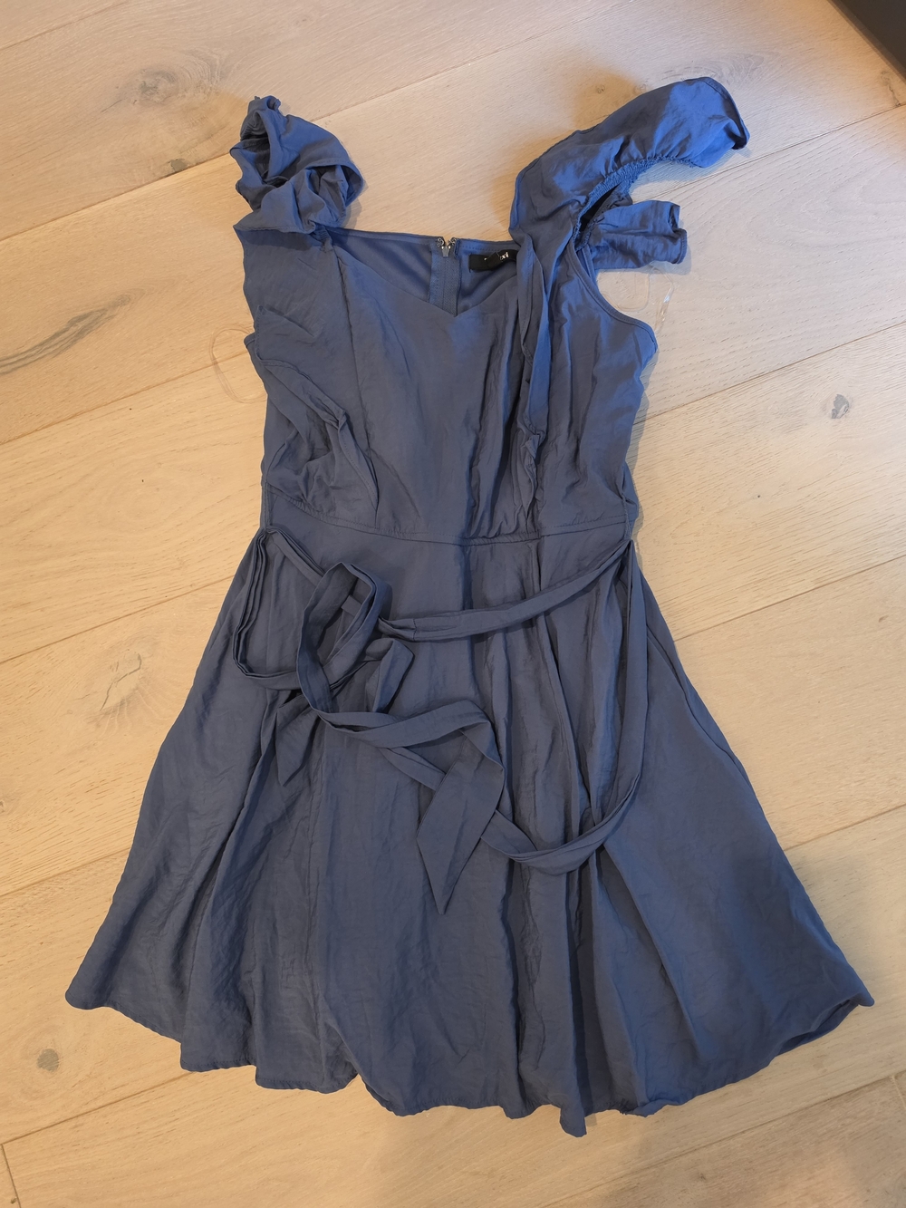 Trixxi Slate Blue Ruffle-Sleeve Tie-Waist Mini Dress
